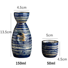 Load image into Gallery viewer, Blue Stripes Artisan Japanese Sake Set | Hand-Painted Ceramic Tokkuri Bottle and Ochoko Cups