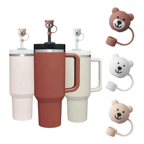 Cute Bear Head Silicone Straw Toppers & Covers - 3 Pack Set