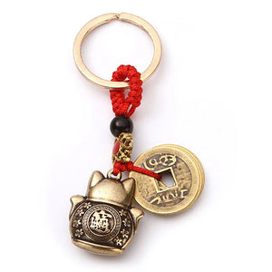 Brass Lucky Cat Keychain | Bronze Fortune Kitty Key Ring - 1 Pc