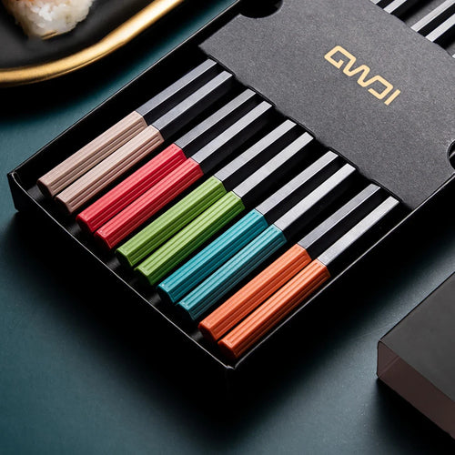 Red Blue Japanese Metal Chopsticks Mixed Luxury Set - 5 Pairs