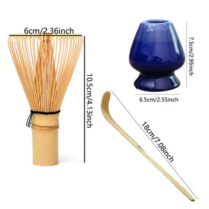 Blue Matcha Tool Set | Bamboo Whisk, Tea Scoop, and Holder - 3 Pc