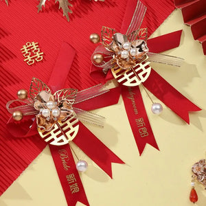 Red Boutonniere Pins | Chinese Wedding Decorative Corsage - 2 Pc Set