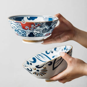 Blue & White Ramen Bowl | Japanese Retro Ceramic Noodle Rice Donburi Bowls - 1 Pc