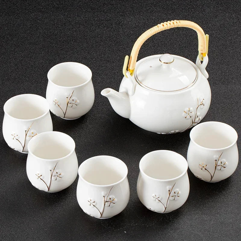 Exquisite White Ceramic Chinese Tea Set | Porcelain Teapot Cups - 7 pcs