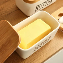 Load image into Gallery viewer, White Ceramic Butter Dish with Bamboo Lid and Knife - 1 Set