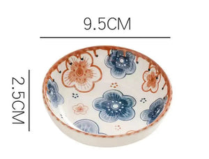 Brown & Blue Floral Soy Sauce Dish | Ceramic Small Seasoning Dipping Bowl - 4 Pc Set