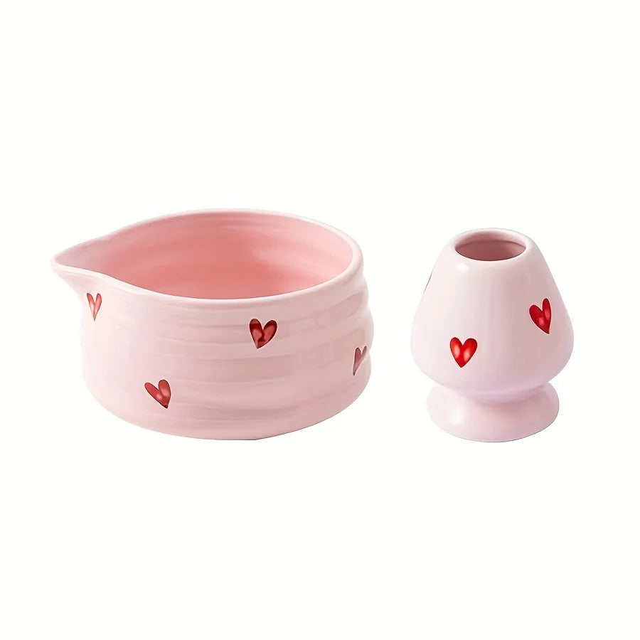 Pink Heart Japanese Matcha Bowl Set | Ceramic Chawan Whisk Holder - 2 Pc