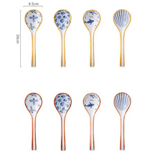 Load image into Gallery viewer, Exquisite Blue Pattern Ceramic Asian Soup Spoons | Yellow Japanese Long Handle Spoon - 1 Pc