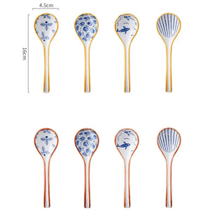 Exquisite Blue Pattern Ceramic Asian Soup Spoons | Yellow Japanese Long Handle Spoon - 1 Pc