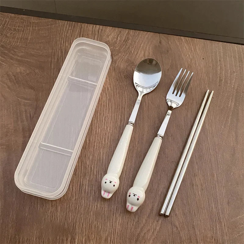 Cute Rabbit Spoon Fork Chopsticks with Case | Stainless Steel Travel Utensil Set