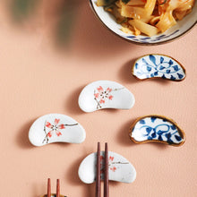 Load image into Gallery viewer, Crescent Chopstick Rest | Pink &amp; Blue Sakura Ceramic Flatware Holder - 1 Pc