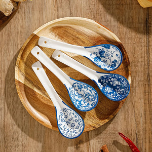 Blue & White Chinese Spoon Set | Porcelain Asian Soup Spoons - 4 Pc Set