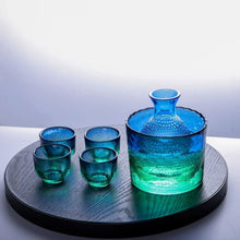 Load image into Gallery viewer, Glass Hammered Sake Set | Japanese Tokkuri Bottle 4 Wine Cups and Cooler - 5 Pc