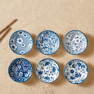 Mini Ceramic Soy Sauce Dish | Blue & White Dipping Bowls - 6 Pc Set