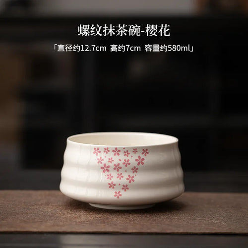 White Pink Flower Ceramic Matcha Bowl | Sakura Cherry Blossom Chawan - 1 Pc