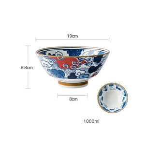 Blue & White Ramen Bowl | Japanese Retro Ceramic Noodle Rice Donburi Bowls - 1 Pc