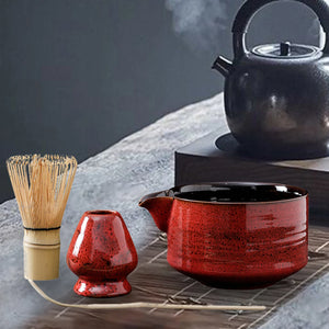 Red Matcha Set | Japanese Tea Bowl Whisk Holder - 4 Pc