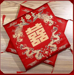 Vietnamese Tea Ceremony Kneeling Cushion | Chinese Wedding Red Double Happiness - 2 Pc Set