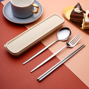 Stainless Steel Portable Spoon Fork Metal Chopsticks and Travel Box - 1 Set