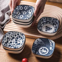 Load image into Gallery viewer, Blue &amp; White Rounded Ceramic Japanese Square Soy Sauce Dishes - 4/6 Pc Sets