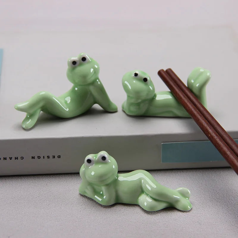 Laying Frog Ceramic Chopstick Holders | Funny Cutlery Stand Rest - 3 Pc Set