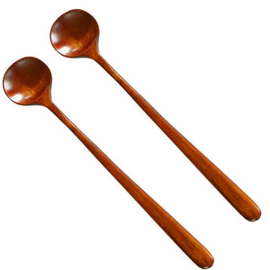 Long Handle Asian Soup Spoons | Natural Wooden Utensil - 1/2 Pc