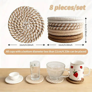 Woven Cute Coasters Set | Minimalist Boho Cotton Drink Coaster - 8 Pc