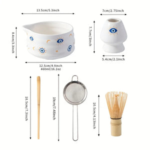 Evil Eye Matcha Bowl Set | Tea Whisk Holder Sift Bamboo - 5 Pc