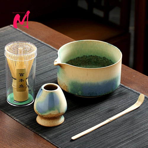 Blue Rustic Japanese Matcha Set with Ceramic Bowl | Bamboo Tea Whisk - 4 Pc