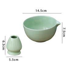 Load image into Gallery viewer, Green Matcha Bowl Chawan with Spout and Whisk Holder | Japanese Tea Ceramic Bowls - 2 Pc Set