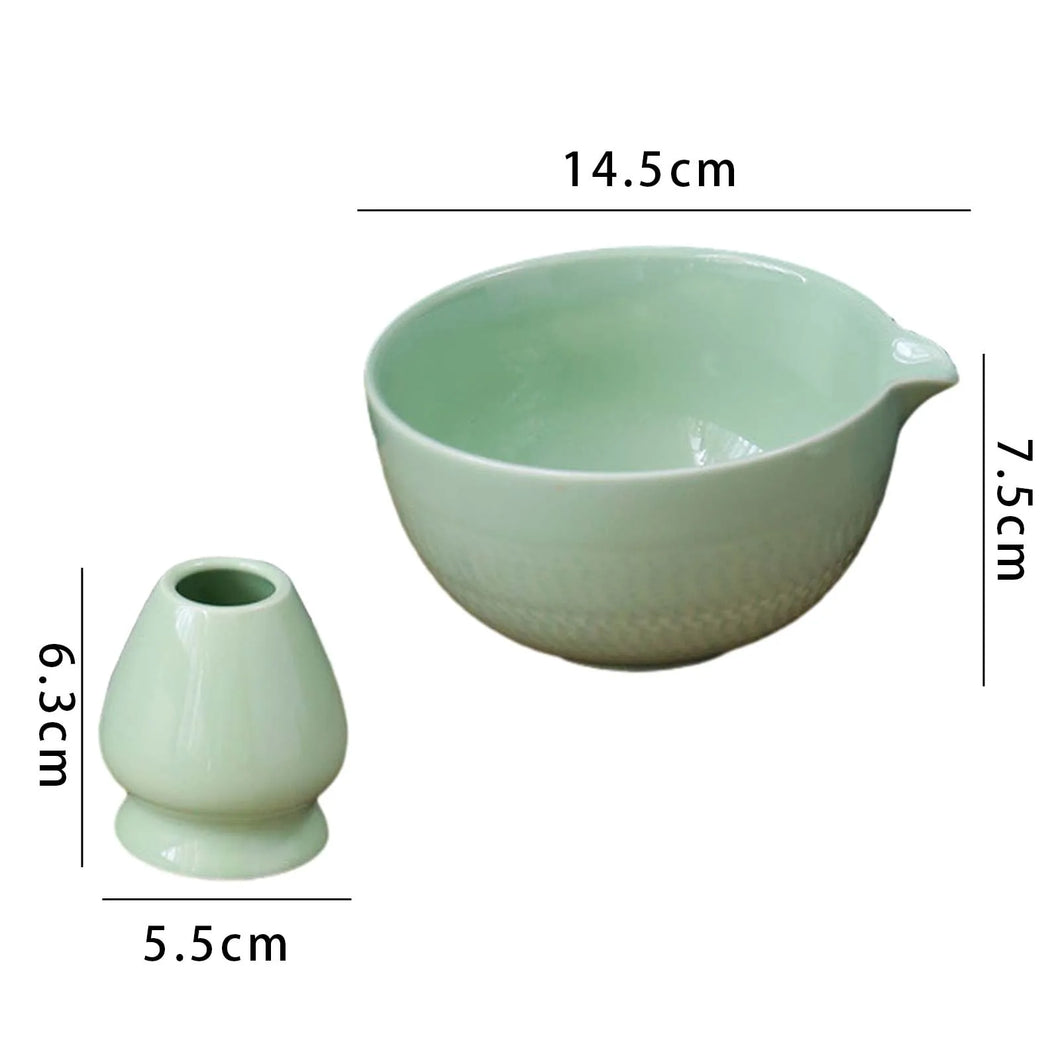 Green Matcha Bowl Chawan with Spout and Whisk Holder | Japanese Tea Ceramic Bowls - 2 Pc Set