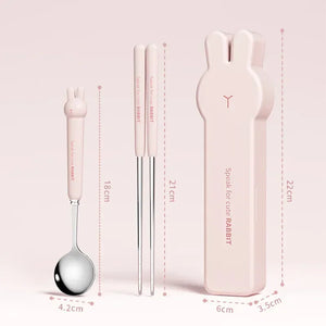 Cute Rabbit Stainless Steel Travel Utensil Set | Pink Metal Chopsticks Spoon Fork