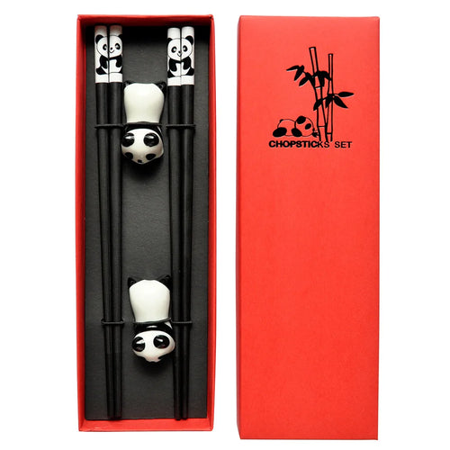 Black & White Panda Chopsticks Gift Set with Box | Japanese Wooden Bamboo - 2 Pair Set