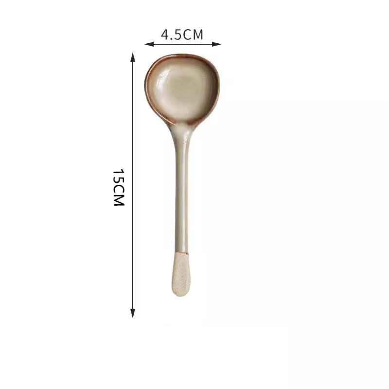 Rustic Japanese Ceramic Asian Soup Spoon | Long Handle - 1 Pc