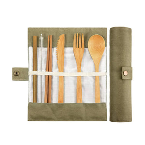 Bamboo Travel Chopsticks Portable Set with Straw Knife Spoon and Rolling Case