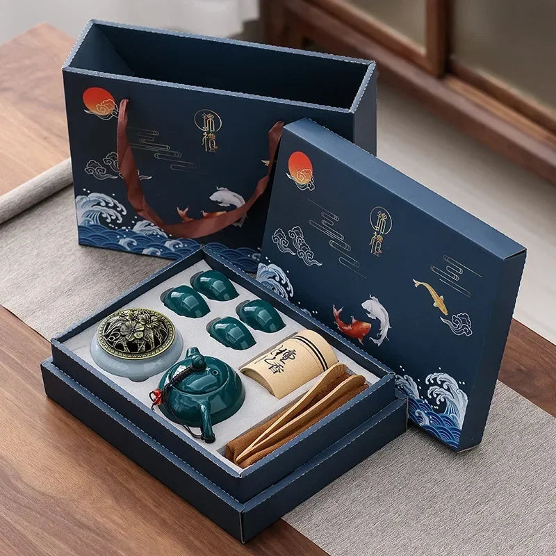 Ornate Chinese Tea Set Gift Box | Kung Fu Tea Ceremony - 9 Pc Set Ornate Chinese Tea Set Gift Box | Kung Fu Tea Ceremony - 9 Pc Set
