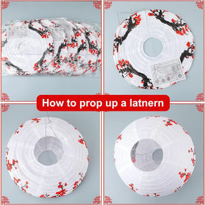 Red & White Cherry Blossom Flowers Paper Lanterns | Wedding Decor - 10 Pc