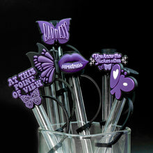 Load image into Gallery viewer, Purple Butterfly Straw Toppers | Silicone Cup Covers - 6 Pc Set