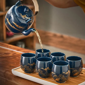 Blue & Gold Glaze Chinese Tea Set | 1 Teapot 6 Tea Cups