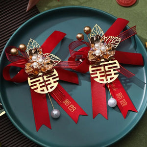 Red Boutonniere Pins | Chinese Wedding Decorative Corsage - 2 Pc Set