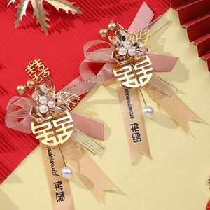 Red Boutonniere Pins | Chinese Wedding Decorative Corsage - 2 Pc Set