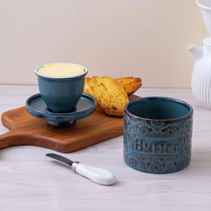 Dark Blue French Butter Dish | Ceramic Crock Bell with Lid - 1 Set