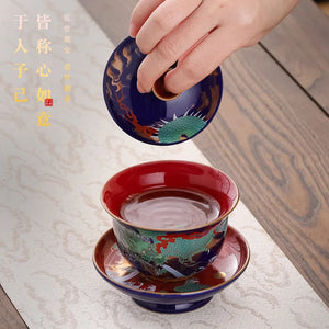 Royal Dragon Gaiwan Tea Bowl Set with Lid Saucer | Blue Ceramic Enamel