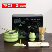 Load image into Gallery viewer, Green Matcha Tea Set | Japanese Ceramic Bowl Bamboo Whisk Gift 7 Pc