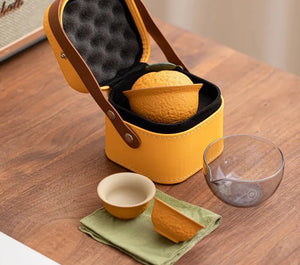 Cute Orange Travel Tea Set | Textured Fruit Ceramic with Case - 1 Set