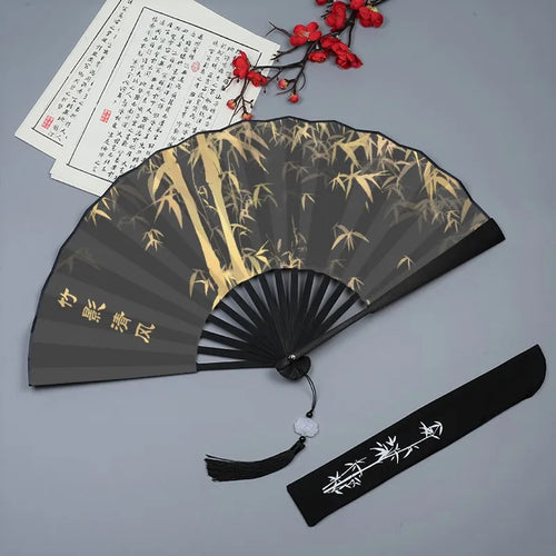 Gold Bamboo Chinese Hand Fans | Folding Fan Silk Cloth - 1 Pc