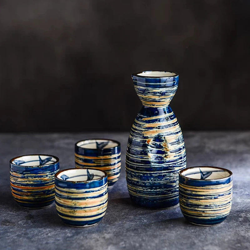 Blue Stripes Japanese Sake Set | Ceramic Tokkuri Bottle and Sake Blue Stripes Japanese Sake Set | Ceramic Tokkuri Bottle and Sake