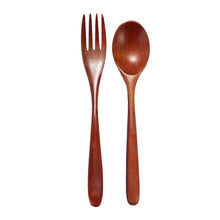 Load image into Gallery viewer, Braided Handle Wood Asian Soup Spoons and Fork Utensils 2 Pc Set