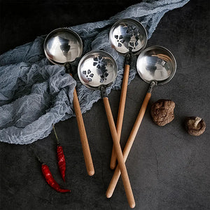 Japanese Metal Ladle with Wooden Handle | Asian Soup Spoons and Strainer - 1 Pc Style