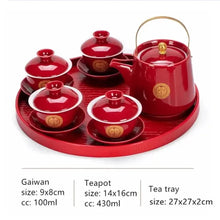 Load image into Gallery viewer, Red Chinese Tea Ceremony Set with Tray | Ceramic Wedding Teapot + Gaiwan Sets